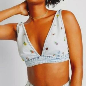 Light Denim Bikini Top Embroidered Flowers Bohemian Festival Size XXS